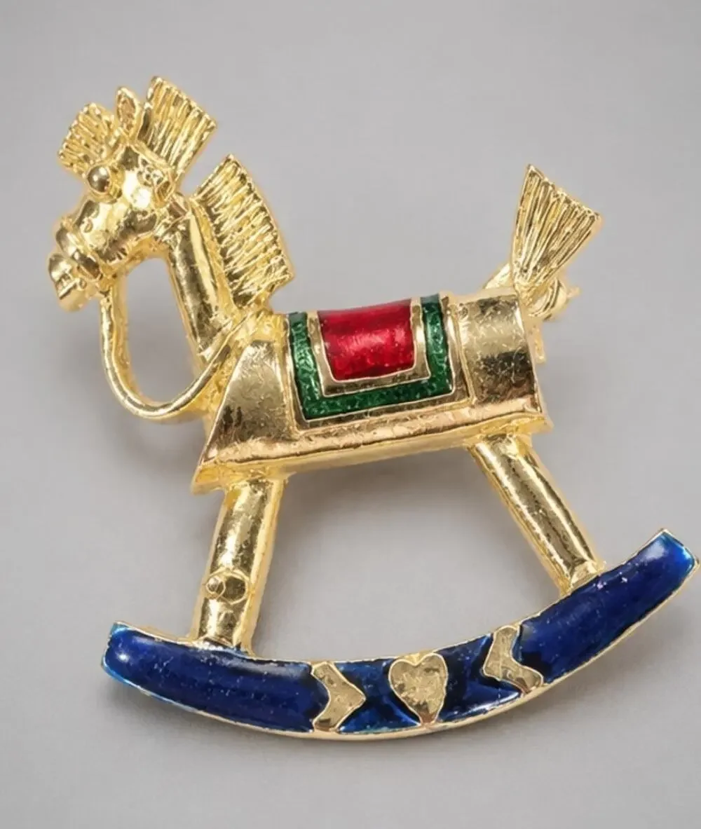 Vintage Rocking Horse Brooch Pin 1.25” Red Blue Enamel Gold-tone Figural ab26